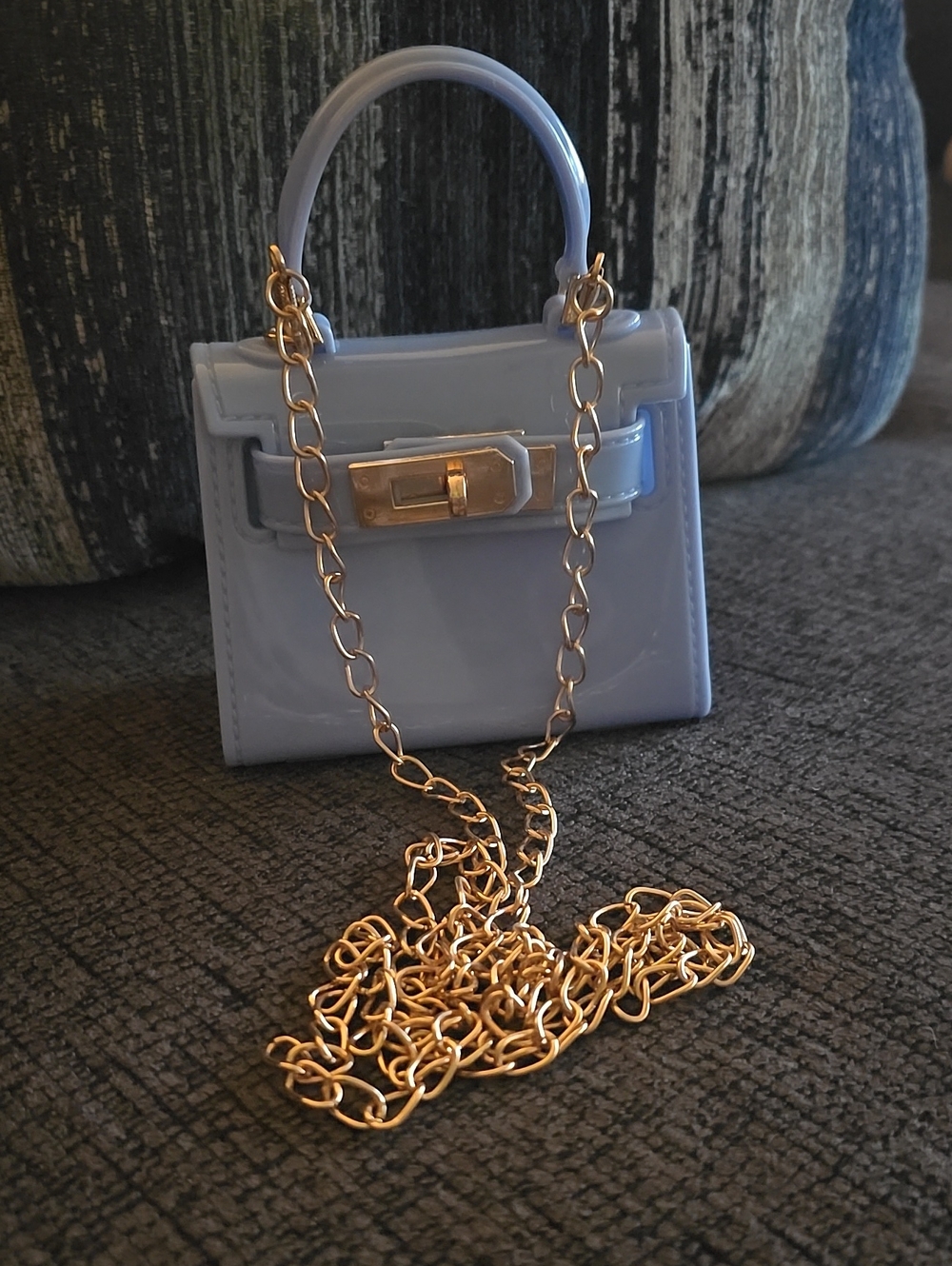 Classic Mini Top-Handle Bag in Light Blue with Gold Chain